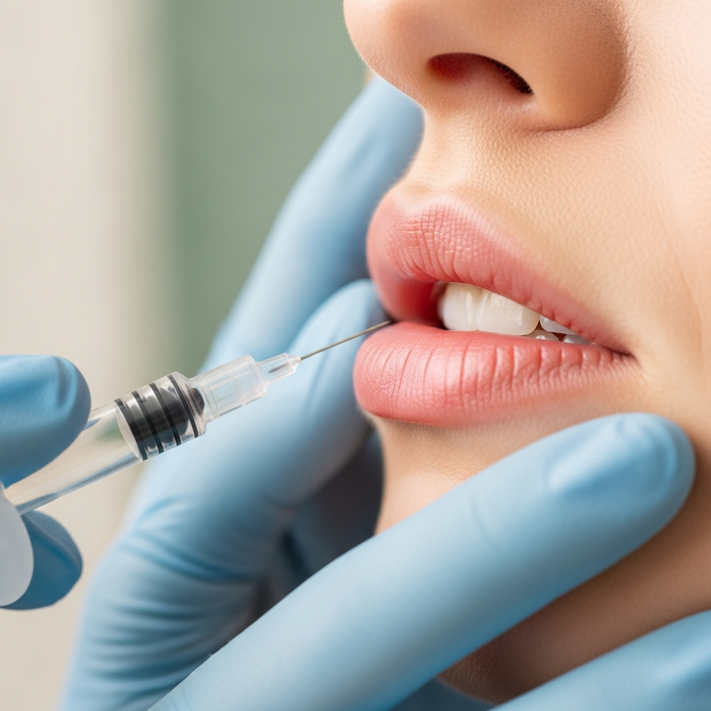 An intimate close-up in editorial beauty style shows a gloved hand of a cosmetologist injecting hyaluronic acid along the border of naturally contoured lips. Soft natural daylight highlights the subtle initial swelling and fine skin texture while the background softly blurs in cream and sage green hues. The scene conveys precision, gentle care and professional expertise.