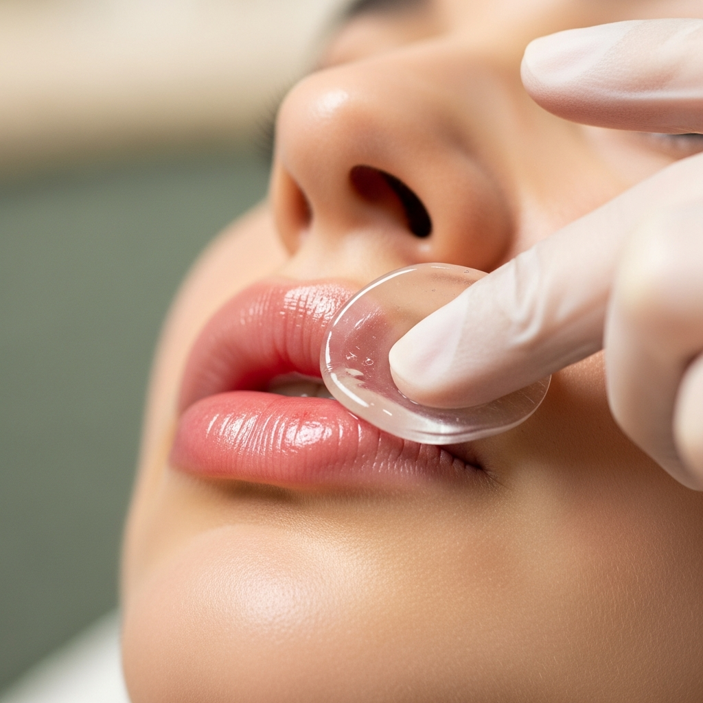 An intimate close-up shows a cosmetologist’s gloved hand pressing a soft cooling gel pad against slightly swollen lips after a lip modeling procedure. Soft natural light accentuates the subtle texture and mild swelling while the background softly blurs in cream and sage green tones. The image conveys gentle professional care in a photorealistic editorial beauty style.
