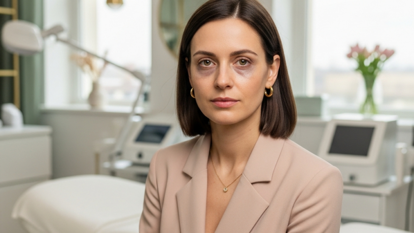 Kobieta o ciemnych włosach w beżowej marynarce siedzi w eleganckim gabinecie medycznym.