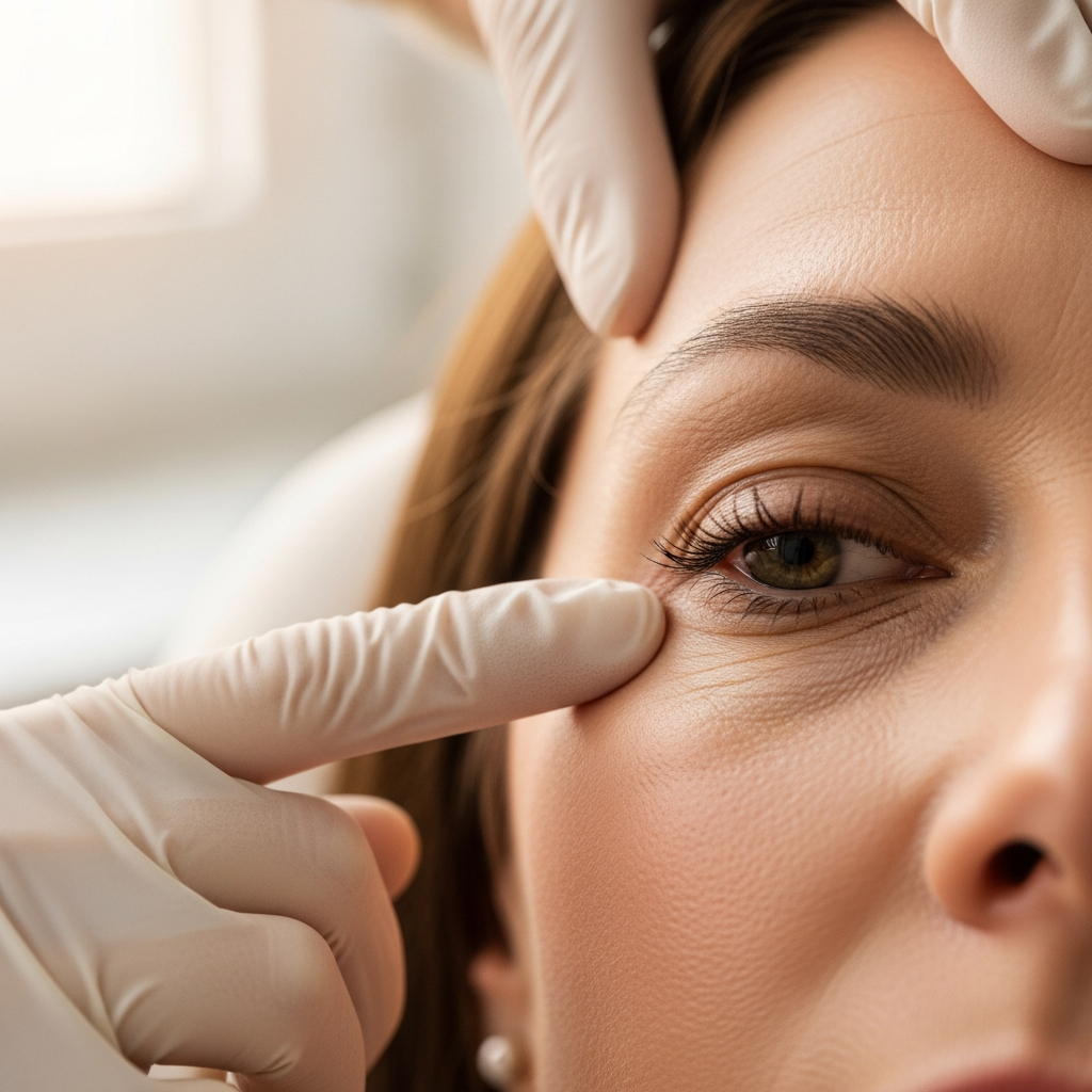 A close-up of a woman's under-eye area featuring subtle dark circles and fine lines. A cosmetologist in white gloves gently examines the delicate lower eyelid in the serene treatment room of the Klaudia Wolska clinic. Soft natural window light illuminates the skin texture with a warm, diffused glow. The palette of soft beige, creamy white and gentle rose tones creates a refined blur. The photorealistic editorial style evokes precise, caring diagnostic atmosphere.
