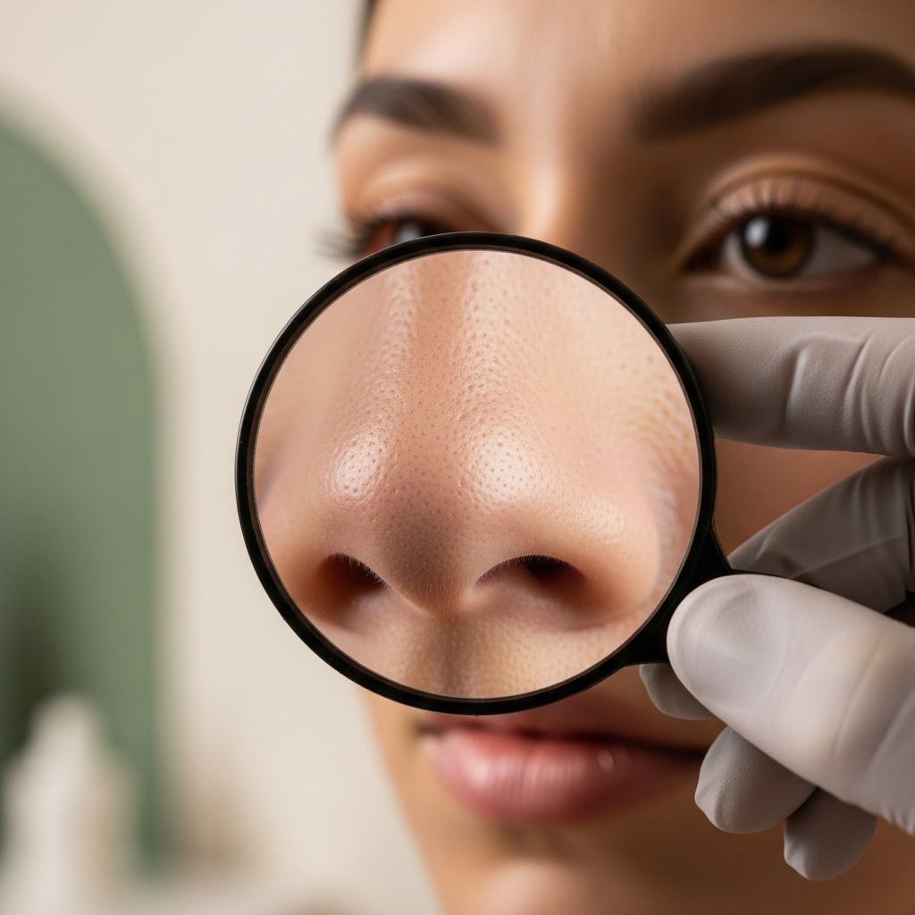 A square close-up of a woman’s nose and upper cheek area emphasizing pronounced enlarged pores and textured skin. A cosmetologist’s gloved hand holds a small magnifying glass near the T-zone, drawing attention to each pore against a softly blurred background of cream walls and sage green accents. Soft, diffused natural light highlights the real skin texture without heavy retouching. The muted color palette blends warm beige and off-white tones with gentle rose undertones. The image conveys scientific precision and professional care in a photorealistic editorial beauty style.