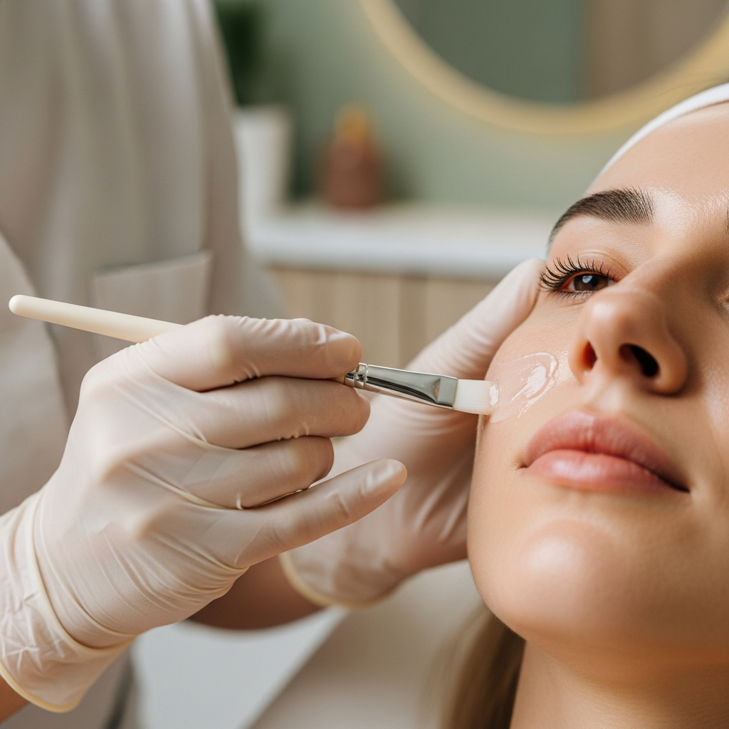 An intimate close-up reveals a cosmetologist’s gloved hands applying a gentle acid peel with a small brush to a client’s cheek in the elegant Bydgoszcz clinic. The focus captures the precision and the client’s smooth skin texture. Soft diffused natural light highlights the glossy solution. The palette shows muted beiges, creams and sage green tones. The mood is serene and trusting with a photorealistic beauty editorial style.