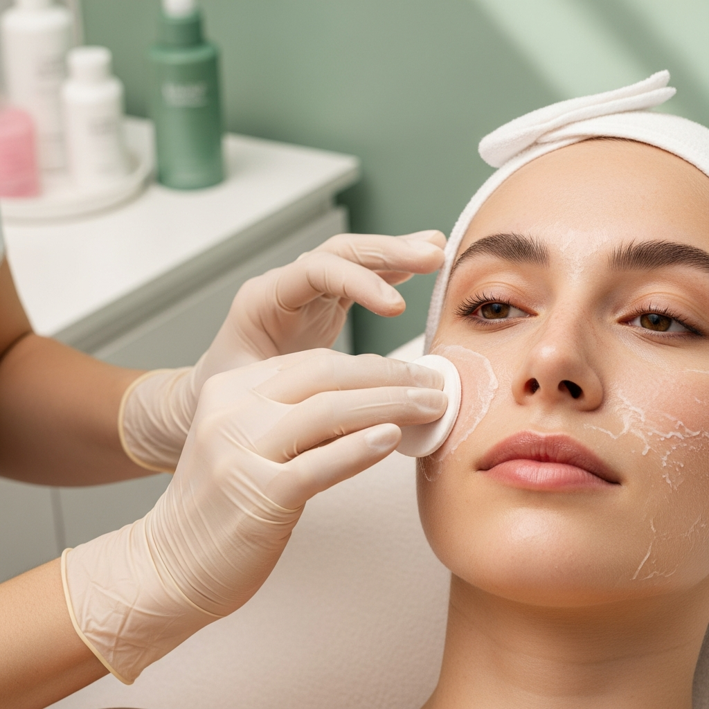 A close-up shot shows a cosmetologist’s gloved hand applying a gentle lactic acid peel with a cotton pad to a woman’s cheek in the minimalist Klaudia Wolska Clinic treatment room. Soft natural light reveals the delicate skin texture. The color palette blends cream, sage green, and soft pink. The image conveys soothing precision and expert care. Square format, photorealistic beauty editorial style.