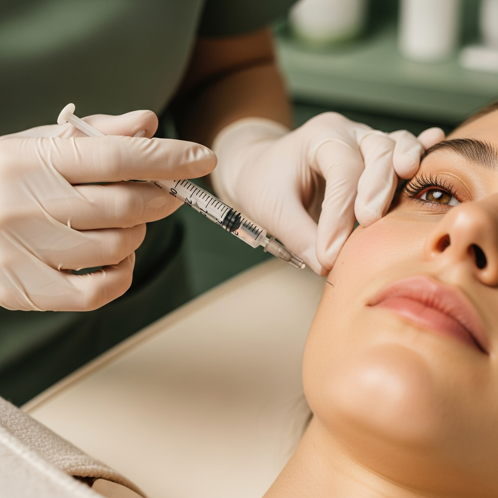 An intimate close-up shows gloved hands administering a needle mesotherapy injection to a client's dehydrated cheek. The cosmetologist uses a fine syringe to deliver hydrating serum into the skin as the client lies on a cream chair. Soft natural light gently highlights the needle tip and skin surface. The palette blends warm beige, white, muted rose, and sage green tones. The scene conveys precision, trust, and a refined editorial beauty photography style.
