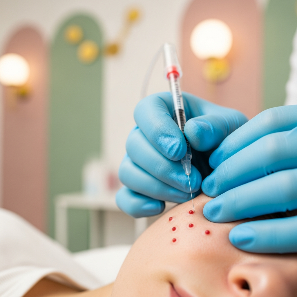 An intimate close-up of gloved hands of a cosmetologist performing needle mesotherapy on a client’s cheek at Klaudia Wolska’s modern clinic. Tiny red papules and the precise microinjection technique are in sharp focus under soft natural daylight. Cream, soft pink, and sage green tones merge with subtle golden accents in a blurred background. The image conveys meticulous care and professional empathy in an editorial beauty style.