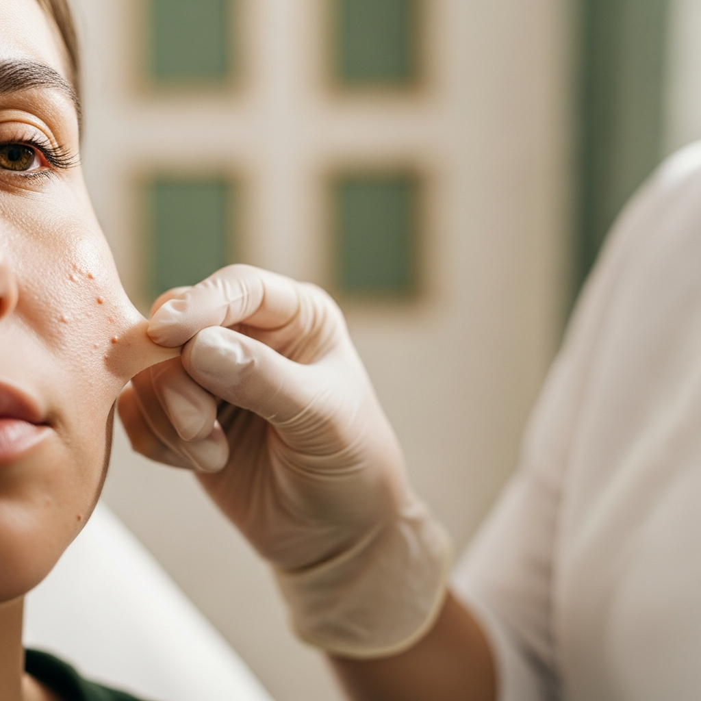A close-up of a woman's cheek revealing fine keratin bumps and uneven skin texture. A cosmetologist gently lifts a small skin flap for analysis against a softly blurred backdrop of cream walls and sage green accents in the Klaudia Wolska clinic. Soft-window daylight diffuses across the skin, creating gentle highlights and shadows. Dominant tones are muted beige, white and sage green. The photorealistic editorial style captures clinical precision and caring professionalism.