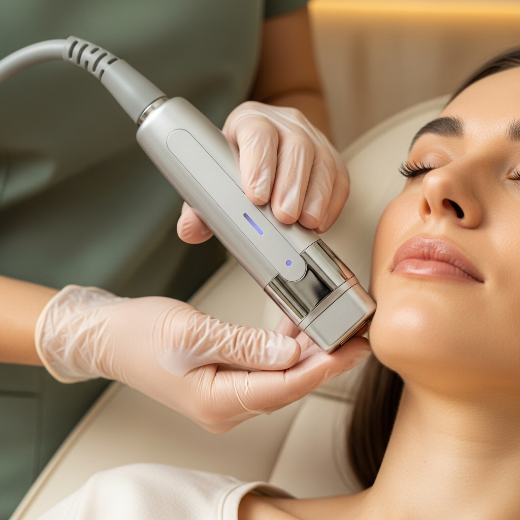 A square-format close-up focuses on a sleek radiofrequency handpiece pressed gently against a woman’s jawline during the treatment. The cosmetologist’s gloved hand supports the device as the client reclines on a cream-colored chair. Soft diffused daylight highlights the skin texture and subtle warmth at the treatment area. The blurred background features warm beige and sage green tones. The photorealistic editorial beauty style conveys precision, trust, and gentle professional care.