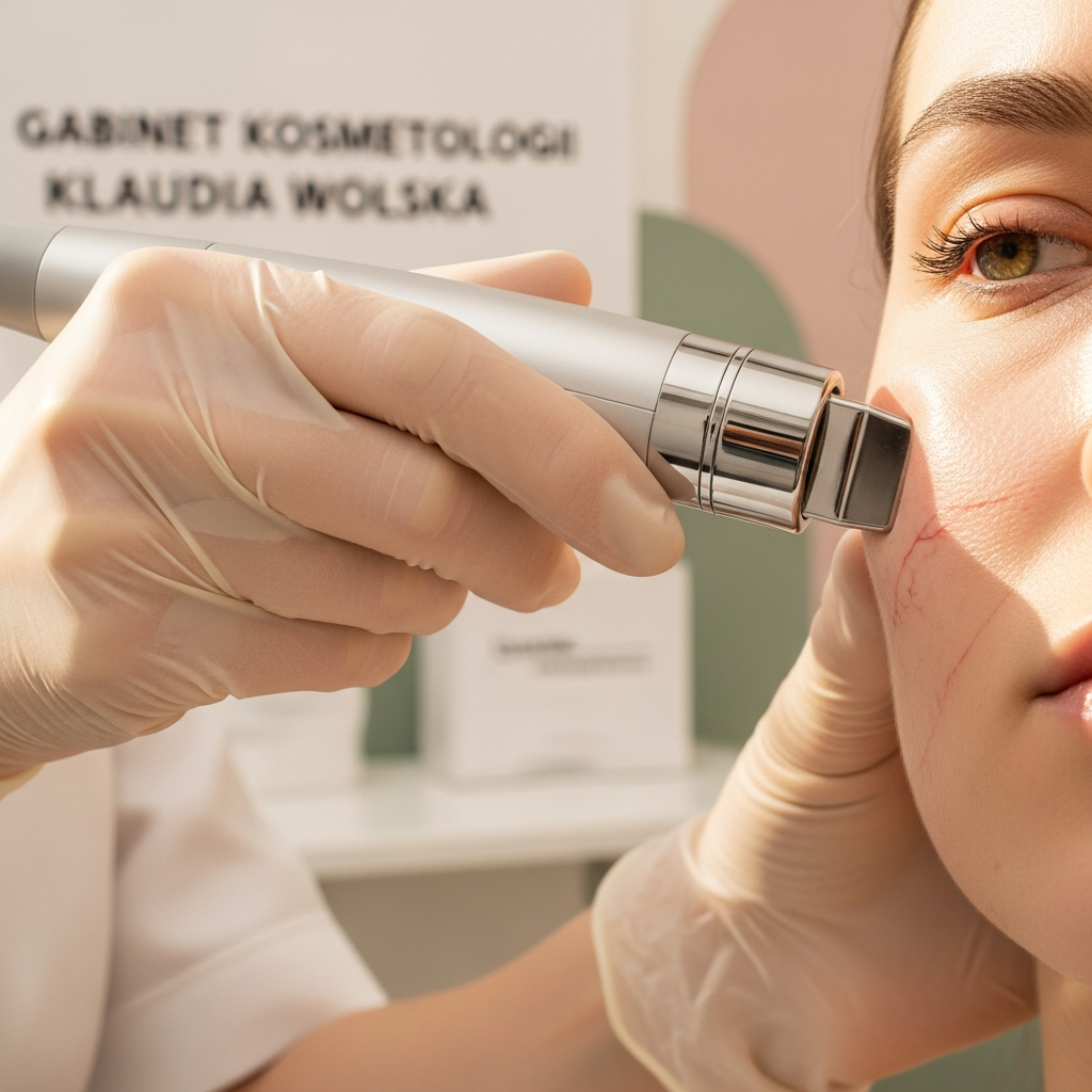 An intimate square close-up of a RF handpiece gently touching sensitive cheek skin with visible capillaries. A cosmetologist’s gloved hand steadies the device in the minimalist treatment room of Gabinet Kosmetologii Klaudia Wolska. Soft natural light diffuses across the area with warm, delicate highlights. Cream and soft pink tones with sage green hints softly blurred behind. Photorealistic editorial beauty style emphasises precision, gentle care and trust.