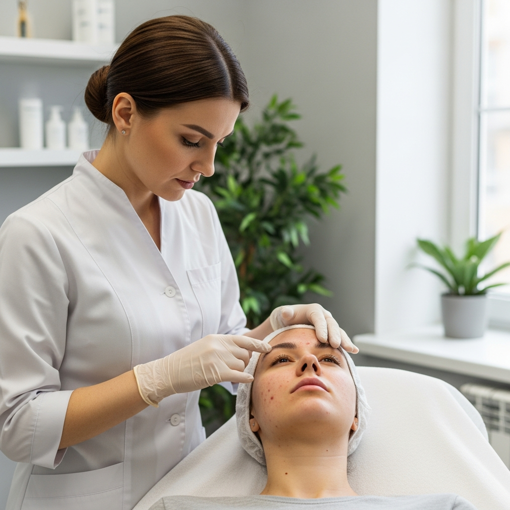 A close-up shot of a cosmetologist’s gloved hand gently touching inflamed papules and comedones on the jawline of an adult acne patient during a professional skin consultation at Klaudia Wolska clinic. The cosmetologist is wearing a crisp white coat and examining the chin area. Soft diffused natural window light silhouettes the skin texture. The color palette features muted beige, sage green and soft pink hues. This square format photorealistic editorial beauty image conveys meticulous care, professional trust and clinical precision.