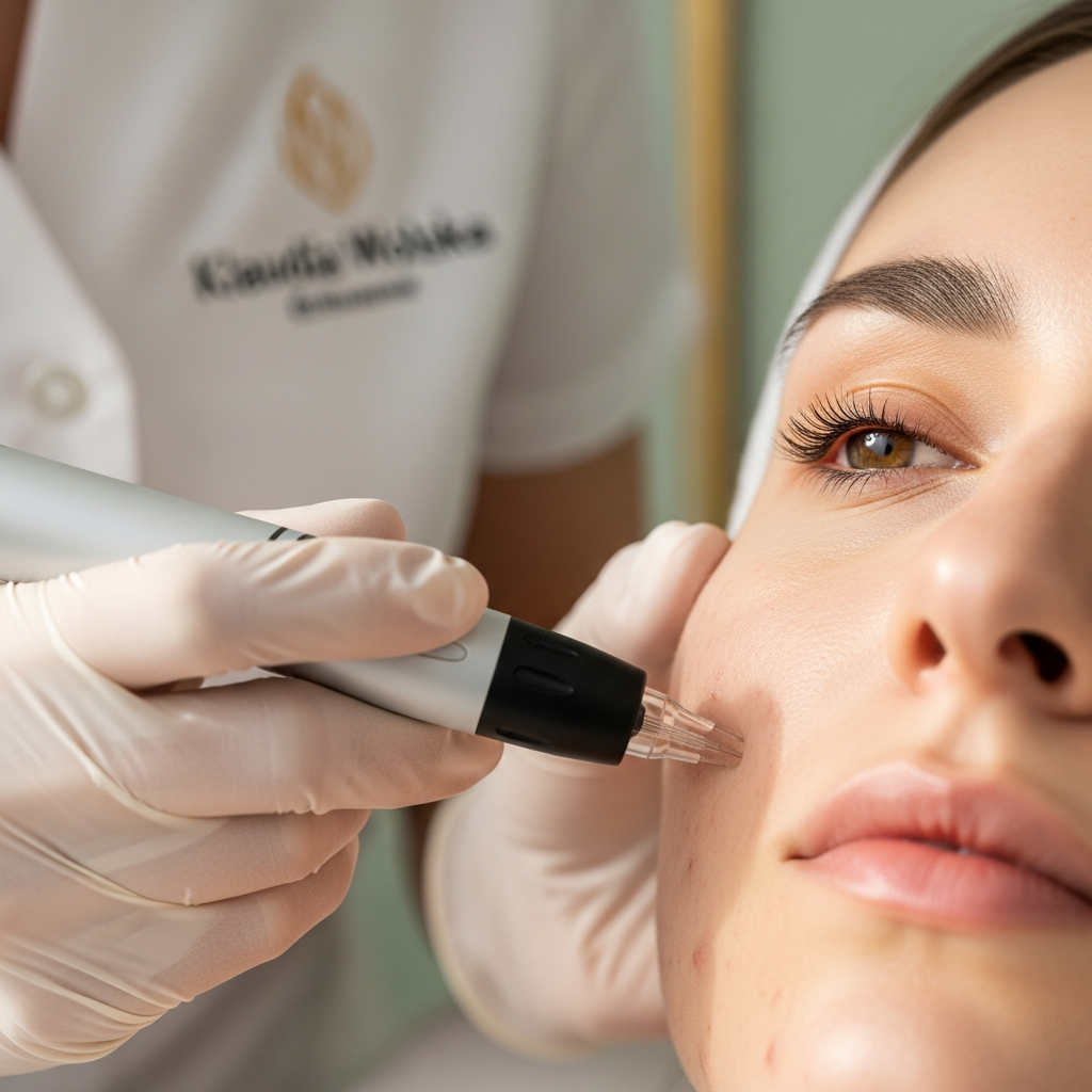 An intimate close-up of a cosmetologist in white latex gloves guiding a microneedling pen over the cheek of a client with acne scars in the elegant Klaudia Wolska clinic. Soft diffused natural daylight highlights the fine microchannels and realistic skin texture. The softly blurred background shows cream and sage green tones with golden accents conveying precision nurturing care in a photorealistic editorial beauty style