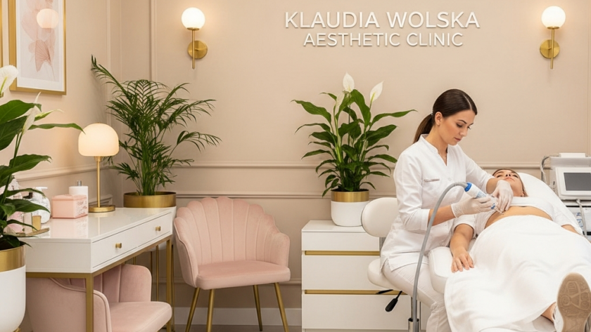 Kobieta wykonuje zabieg na twarzy pacjentki w eleganckim, jasnym gabinecie z roślinami i różowymi krzesłami.
