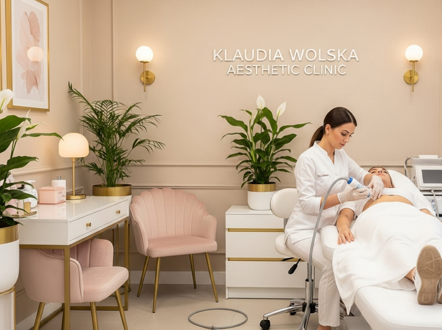 Kobieta wykonuje zabieg na twarzy pacjentki w eleganckim, jasnym gabinecie z roślinami i różowymi krzesłami.
