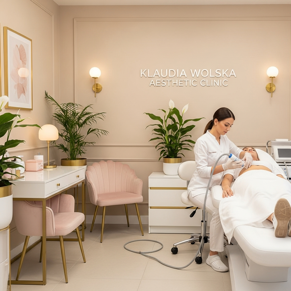 Kobieta wykonuje zabieg na twarzy pacjentki w eleganckim, jasnym gabinecie z roślinami i różowymi krzesłami.