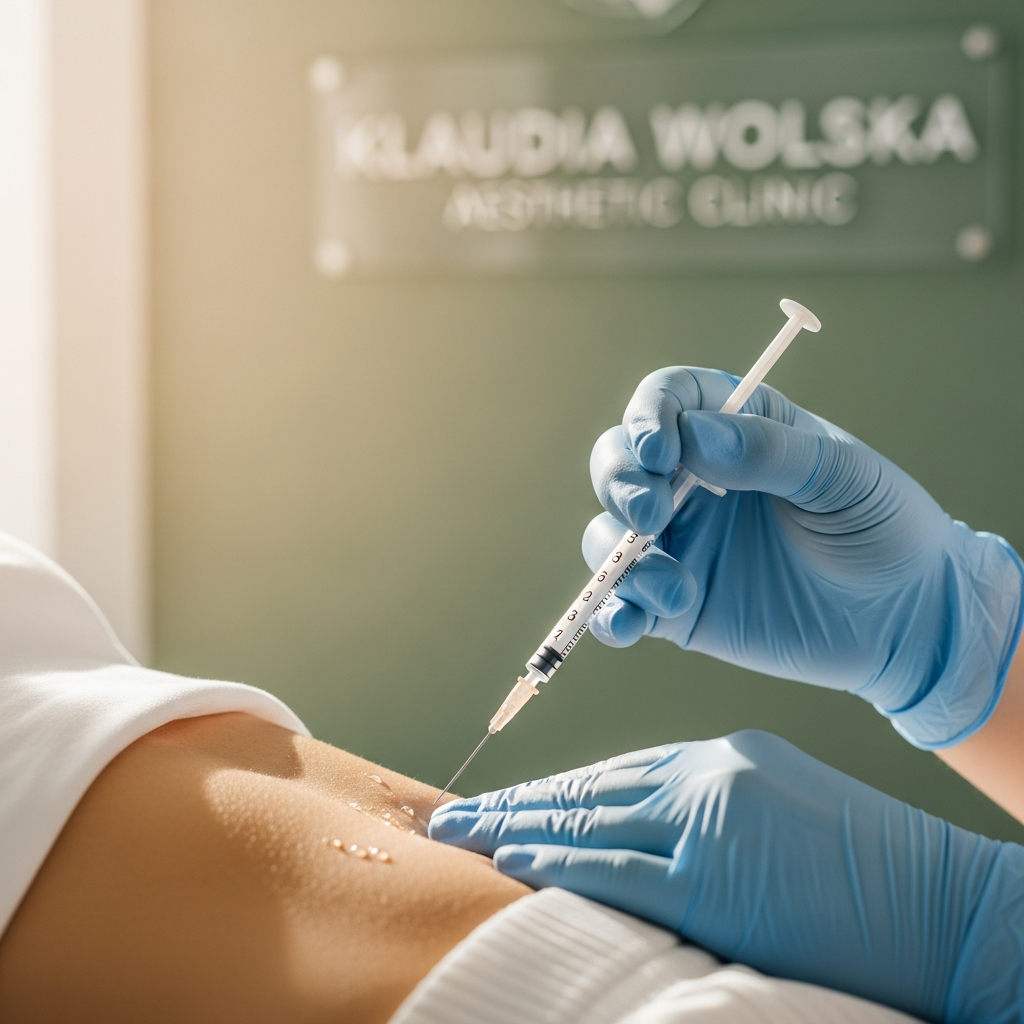 An intimate close-up captures a cosmetologists gloved hands precisely injecting a fine syringe into the fatty tissue of a womans lower abdomen during lipolysis at Klaudia Wolska Aesthetic Clinic. Soft natural daylight highlights delicate skin texture and precise application. The background softly blurs into cream, beige, and sage green tones creating a sense of expert care and calm reassurance in an editorial beauty style.