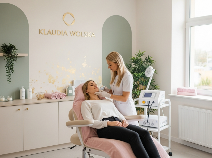 Kosmetolog wykonująca zabieg w jasnym gabinecie KLAUDIA WOLSKA, Bydgoszcz.