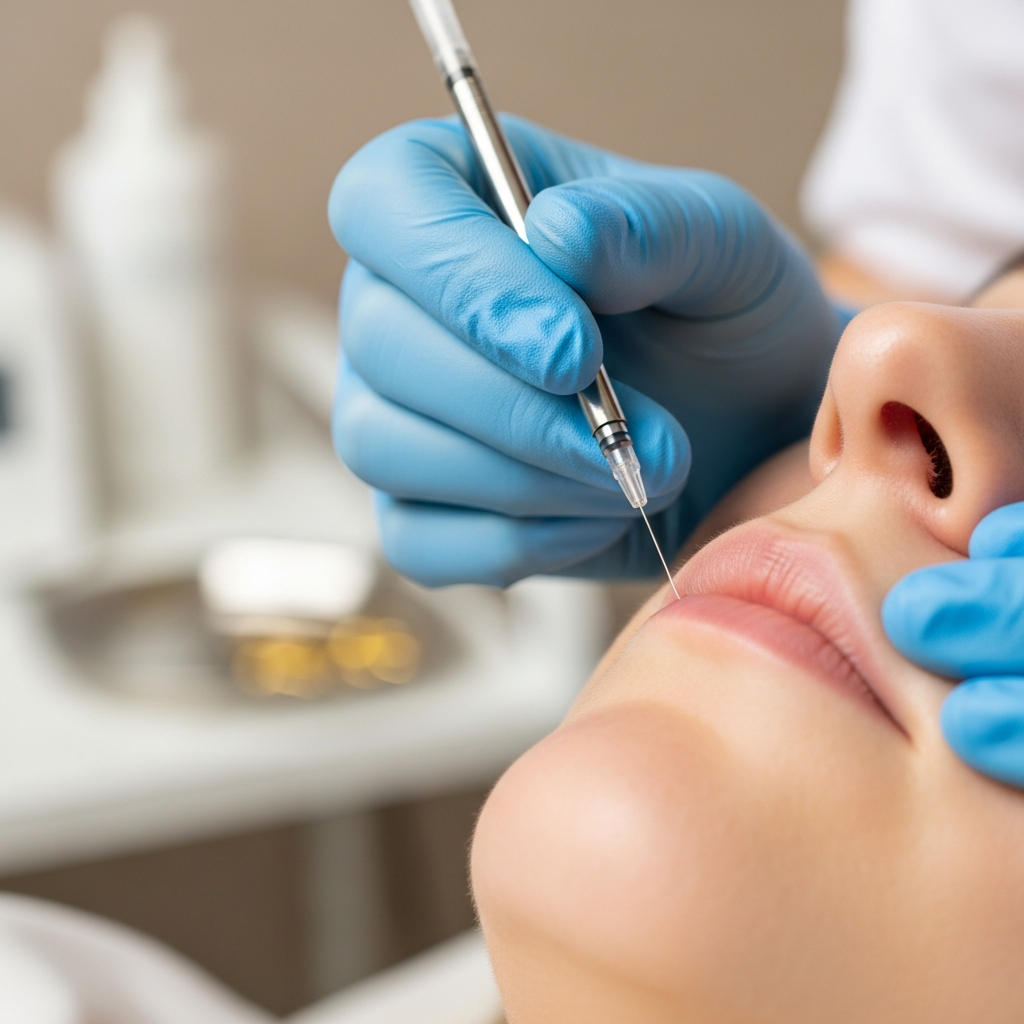 A square close-up captures a cosmetologist’s gloved hand performing injection lipolysis under a client’s chin, inserting a fine needle precisely into the submental fat at marked points. Soft natural daylight from a nearby window highlights the skin texture and injection technique. The softly blurred background shows muted beige tones, white surfaces, and golden medical instruments, conveying precision, expertise, and gentle care.